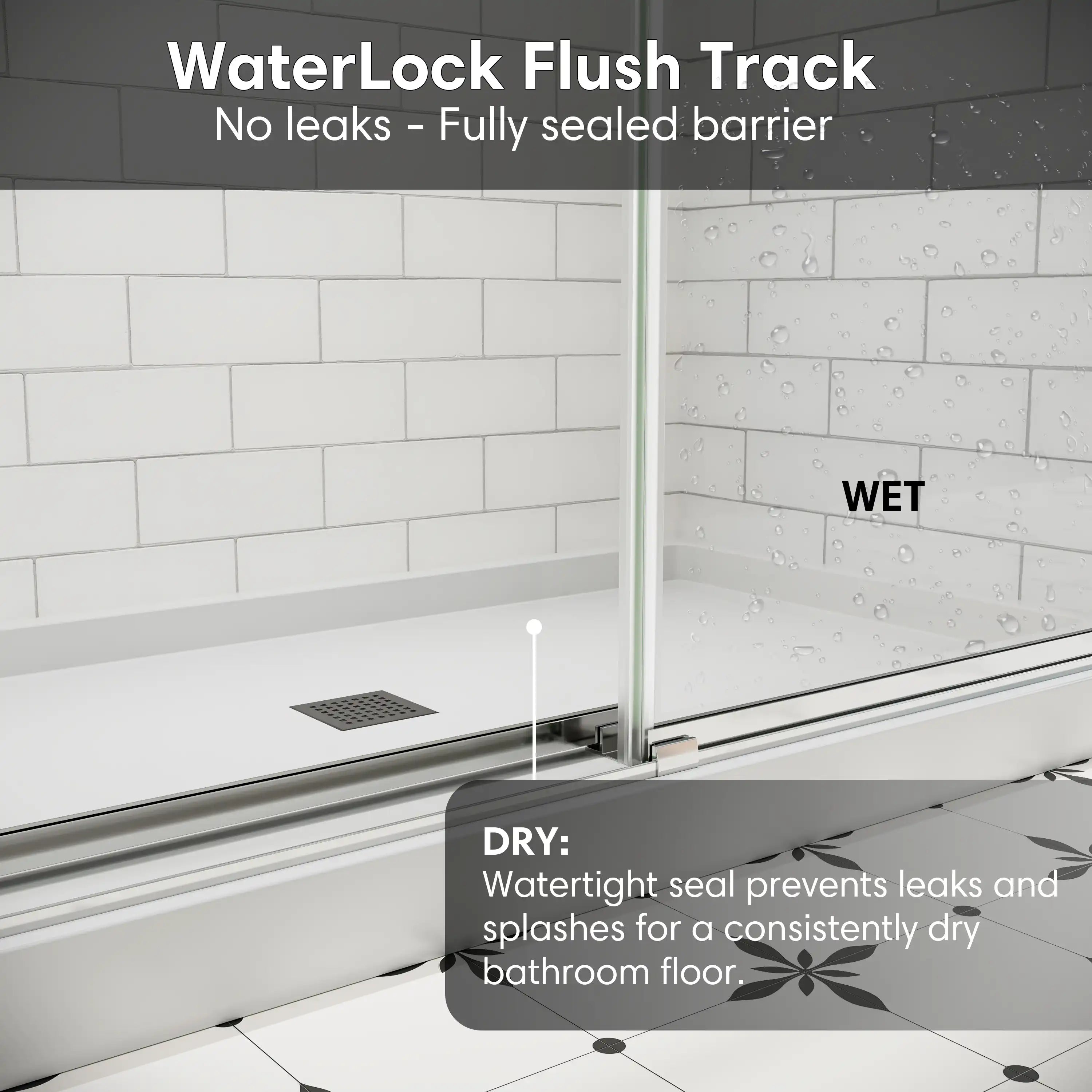 Chrome frameless shower door featuring WaterLock Flush Track design that prevents leaks and keeps the bathroom floor dry | Ace Decor