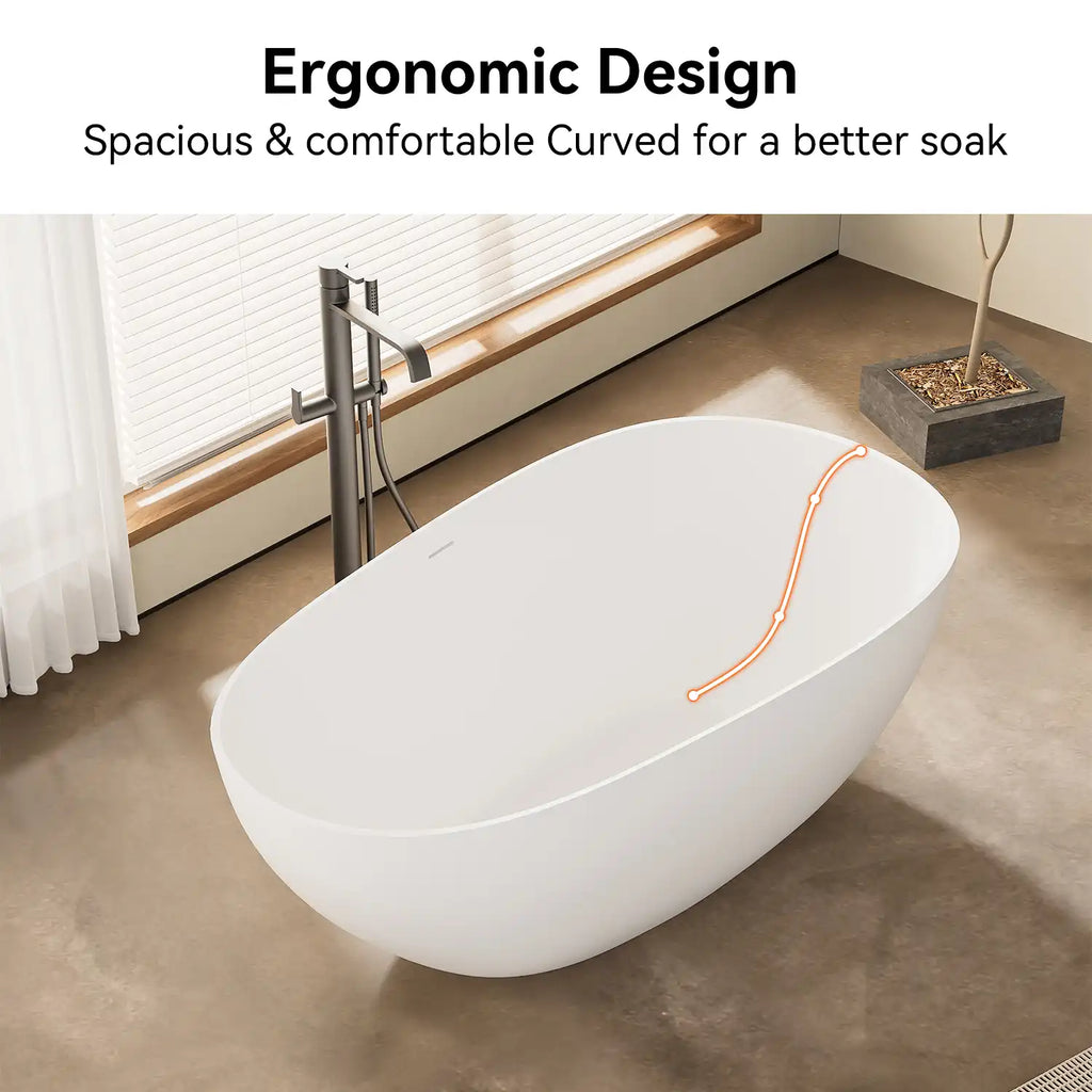 Aura Series bathtub with ergonomic interior contour highlighted by orange line, showcasing curved design for comfortable soaking.