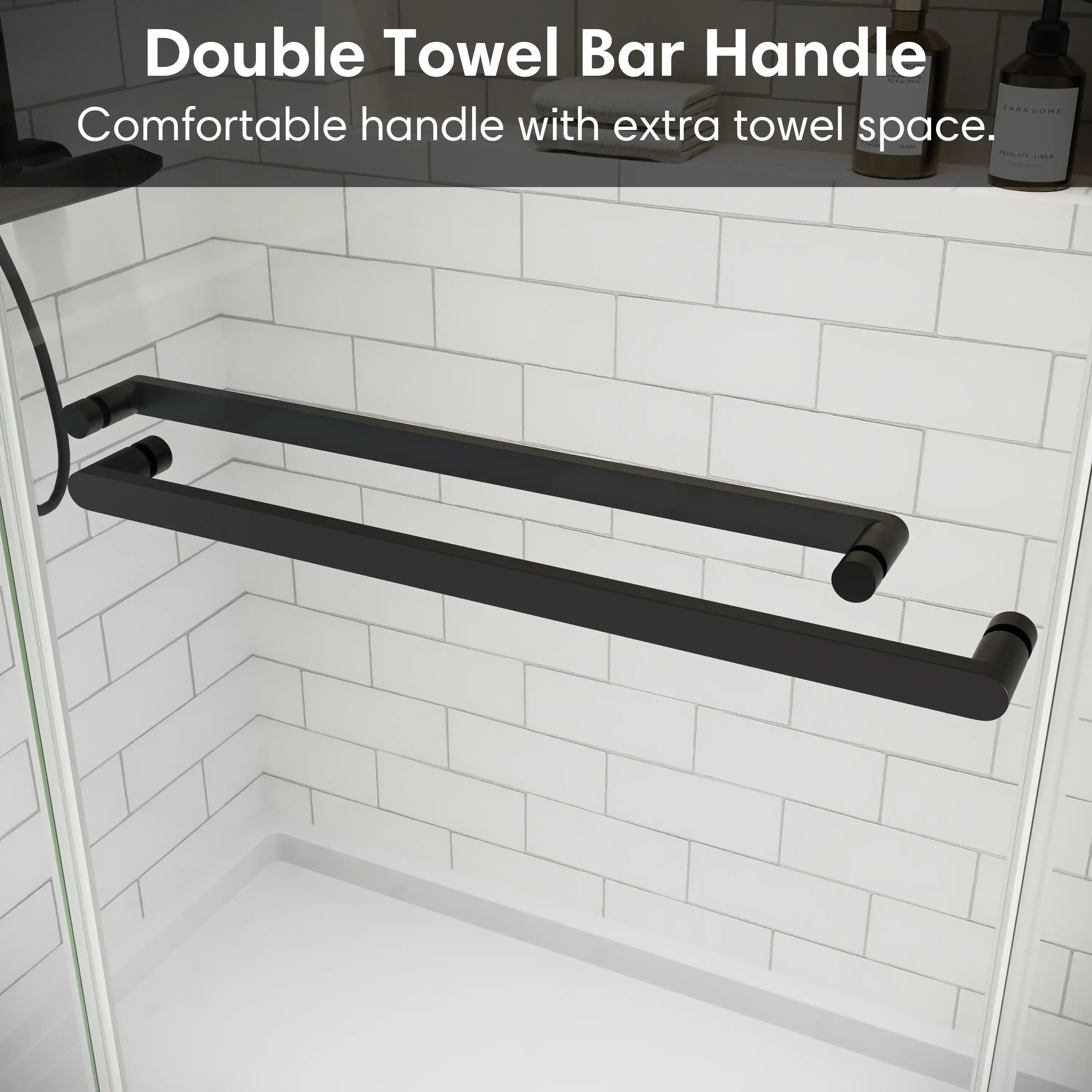 Double towel bar handle on frameless double sliding shower doors, offering extra towel storage and comfort | Ace Decor