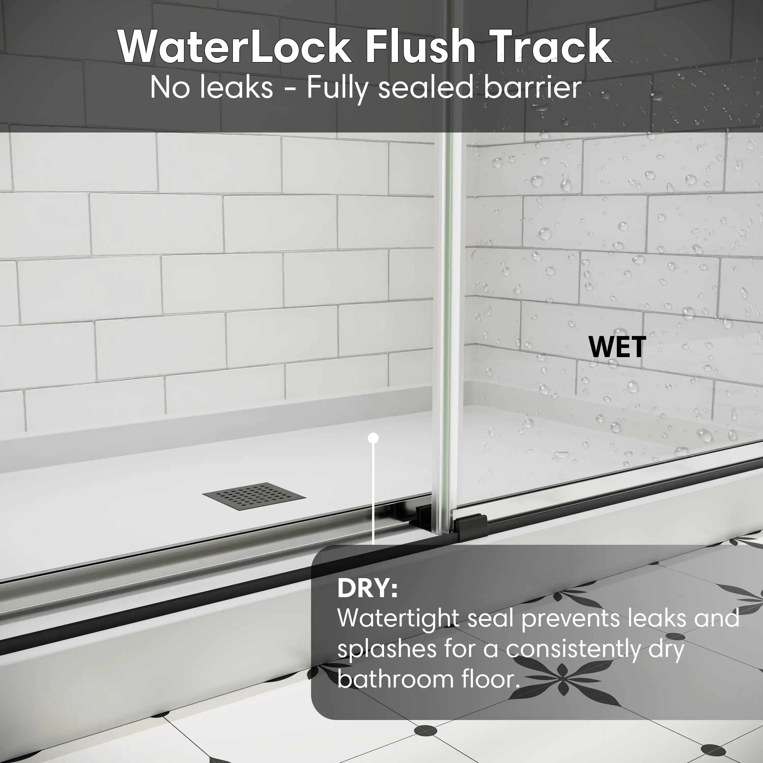 WaterLock flush track on frameless double sliding shower doors prevents leaks and keeps the bathroom floor dry | Ace Decor