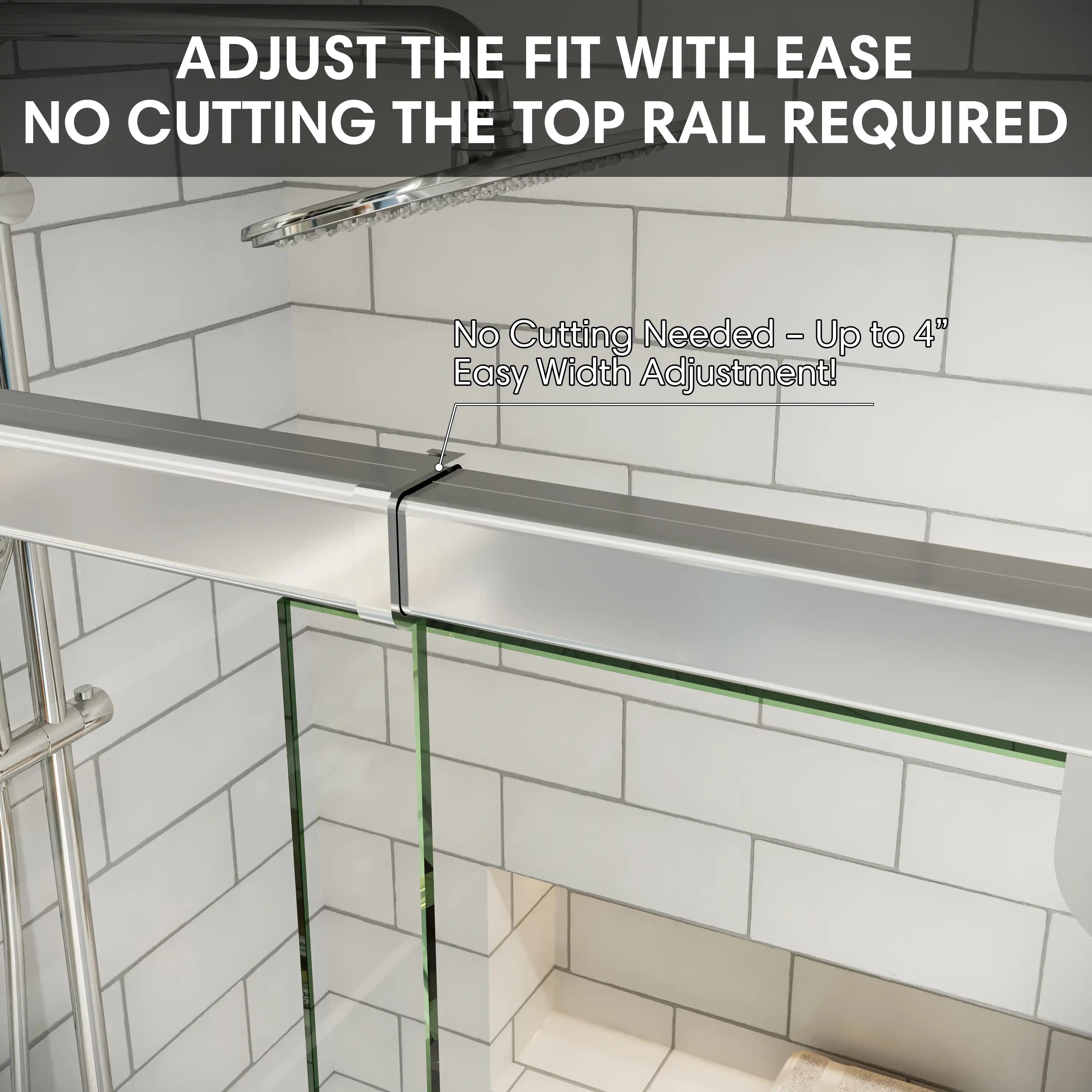 Adjustable top rail of pivot shower door allows up to 4-inch width adjustment with no cutting required | Ace Decor