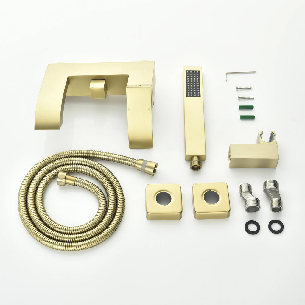 AURELIA Brushed Gold Wall-Mounted Bathtub Faucet full set with handheld shower, hose and installation kit.