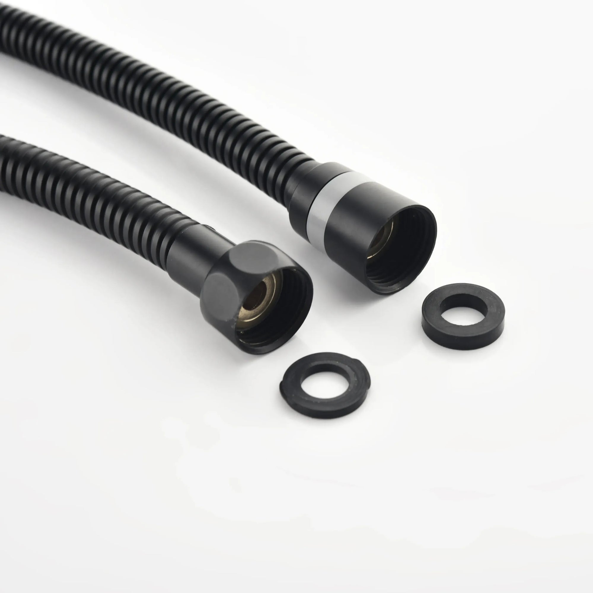 Shower hose, connectors, and sealing rings for the matte black tub faucet set.