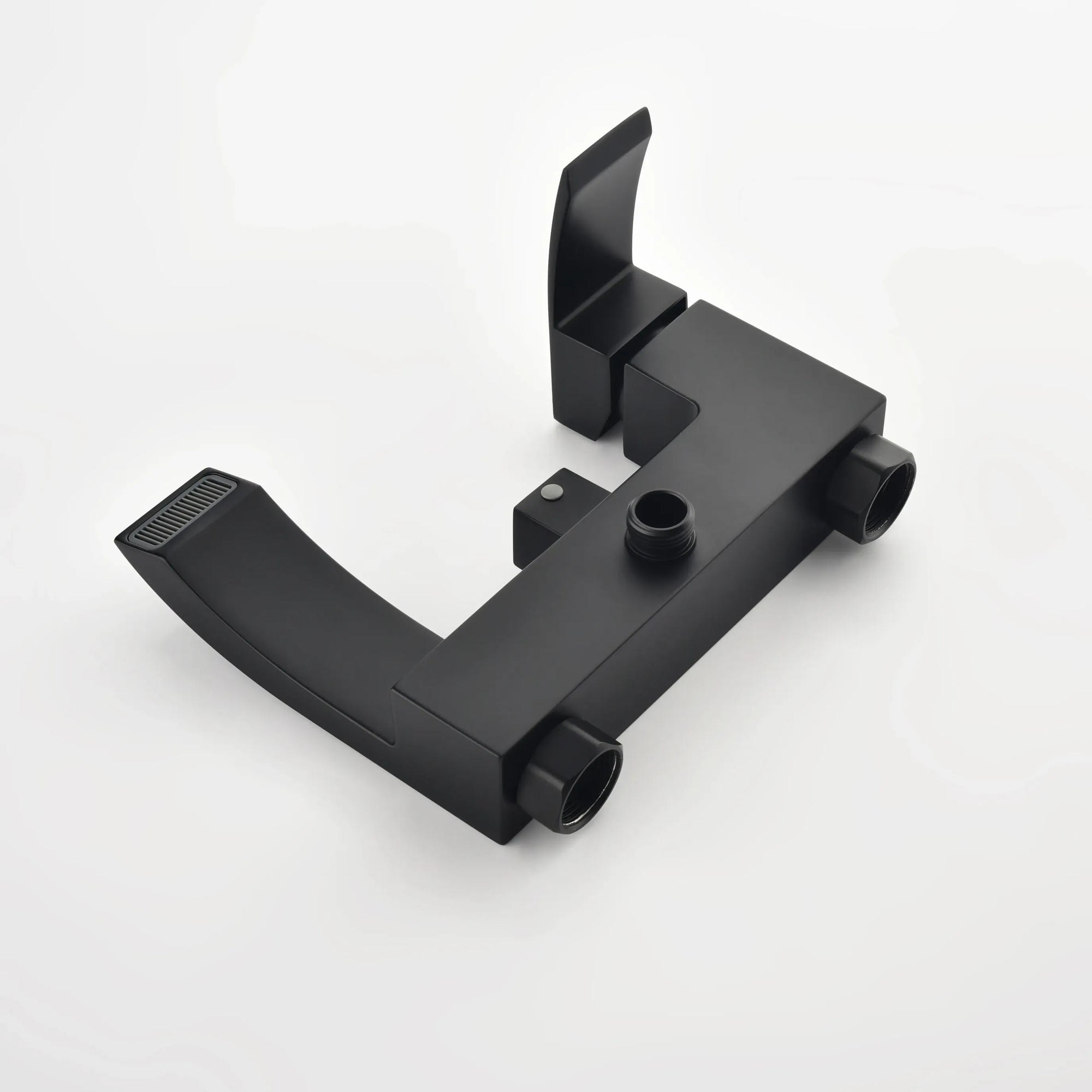 Matte black solid copper wall-mounted bathtub faucet body detail.