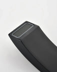 Close-up of the matte black tub spout with streamlined modern design.