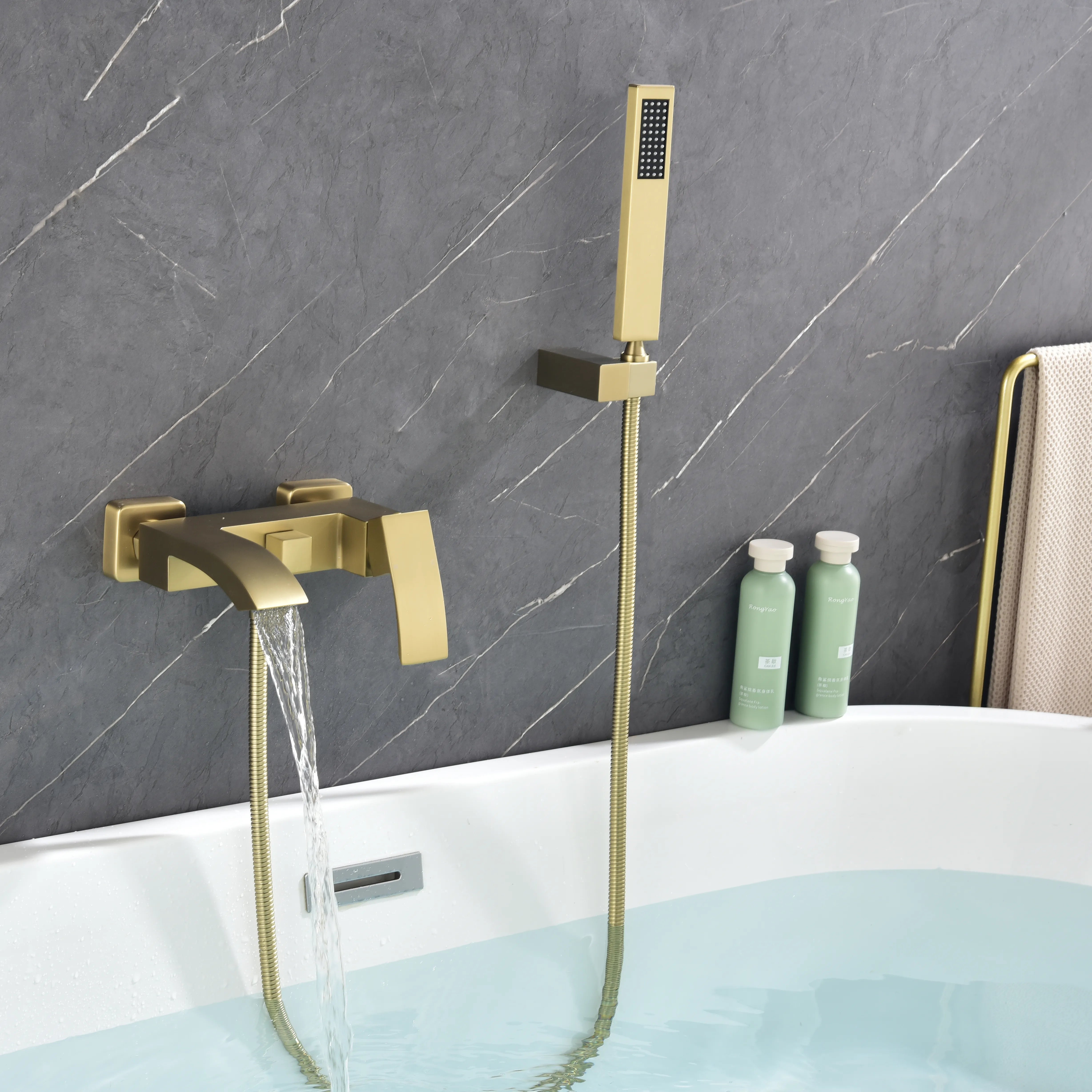 AURELIA Brushed Gold Wall-Mounted Bathtub Faucet with Hand Shower Set