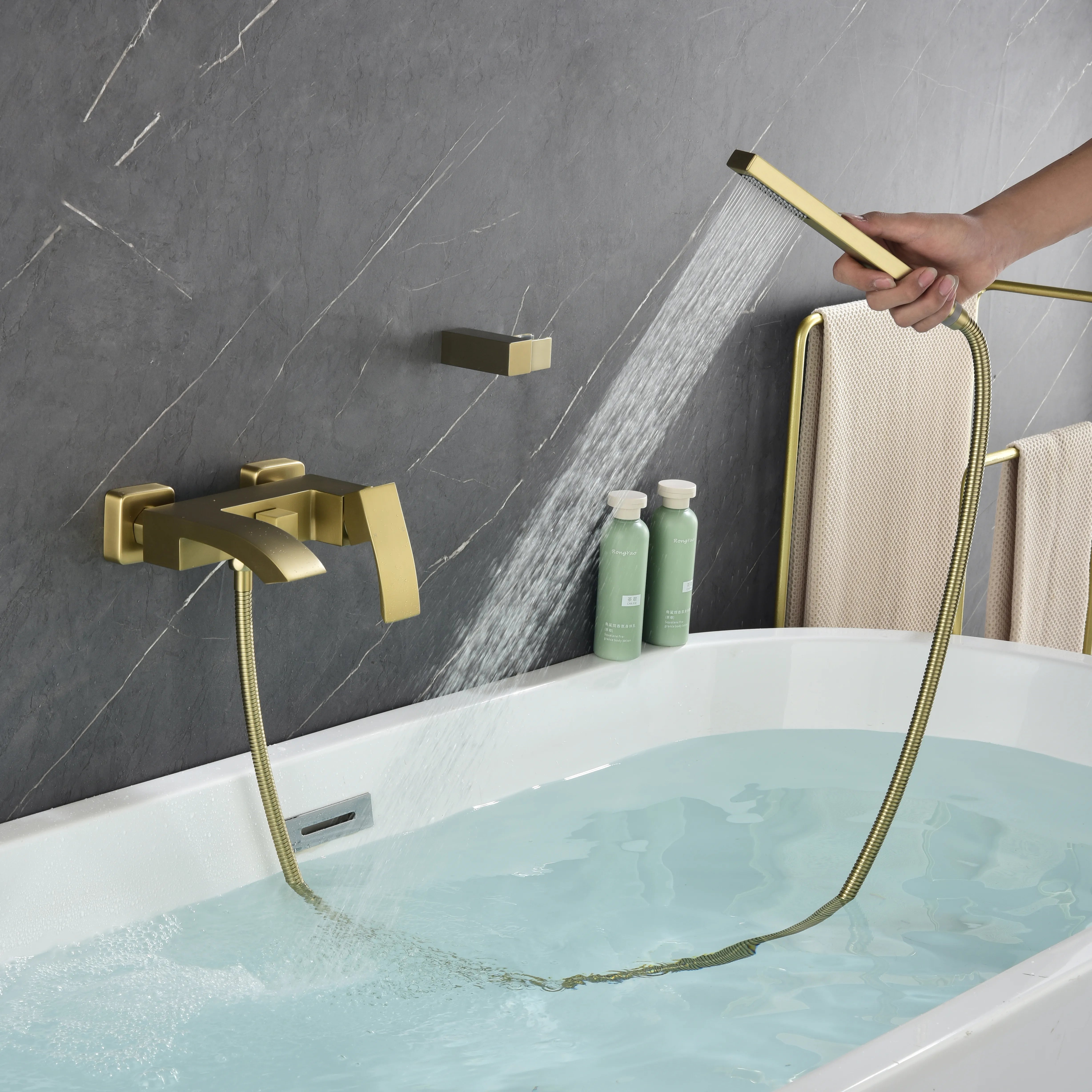 AURELIA Brushed Gold Wall-Mounted Bathtub Faucet with Hand Shower Set