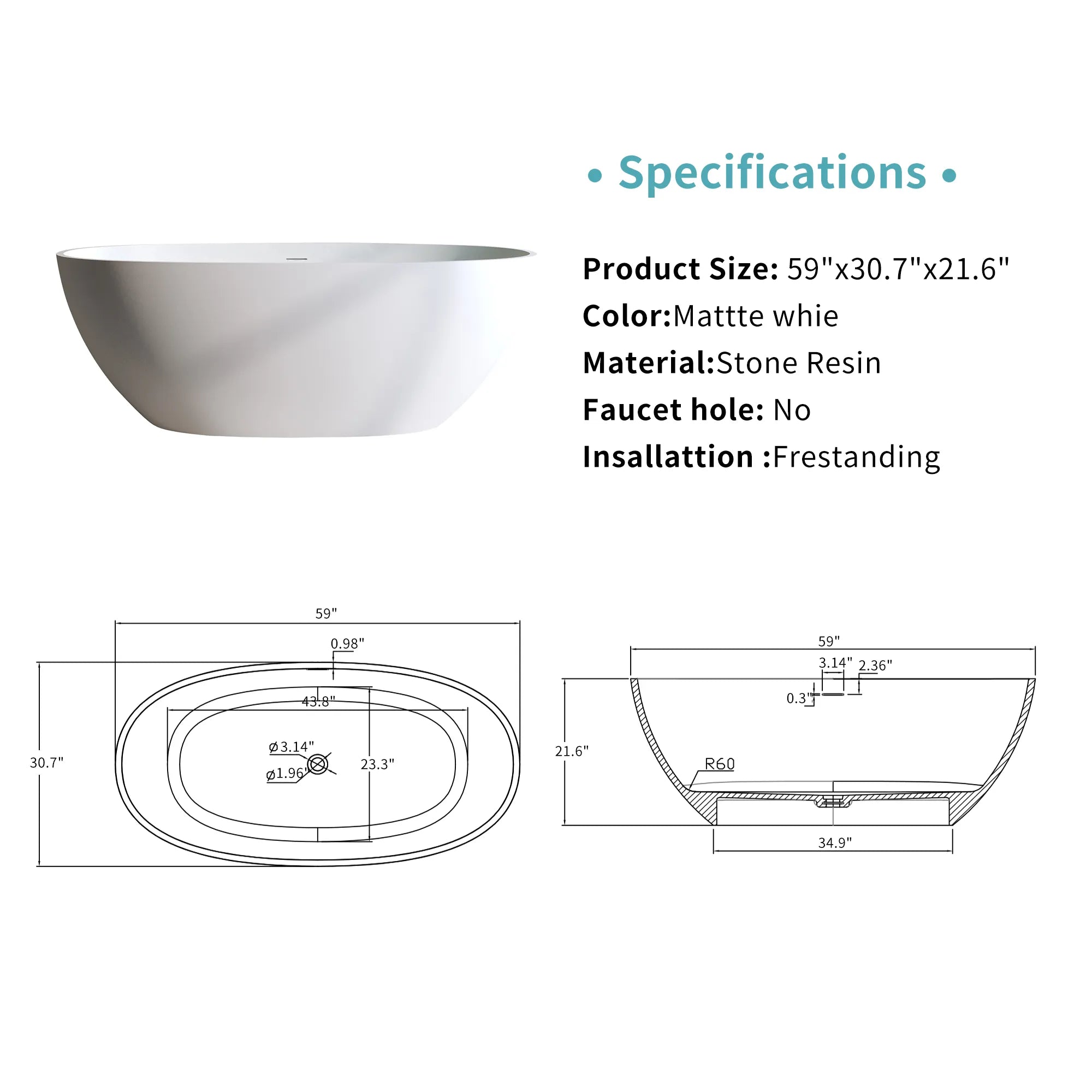 Detailed dimensions diagram for the Abyss Series 59-inch curved solid surface resin soaking tub, showing product specifications and technical drawings.