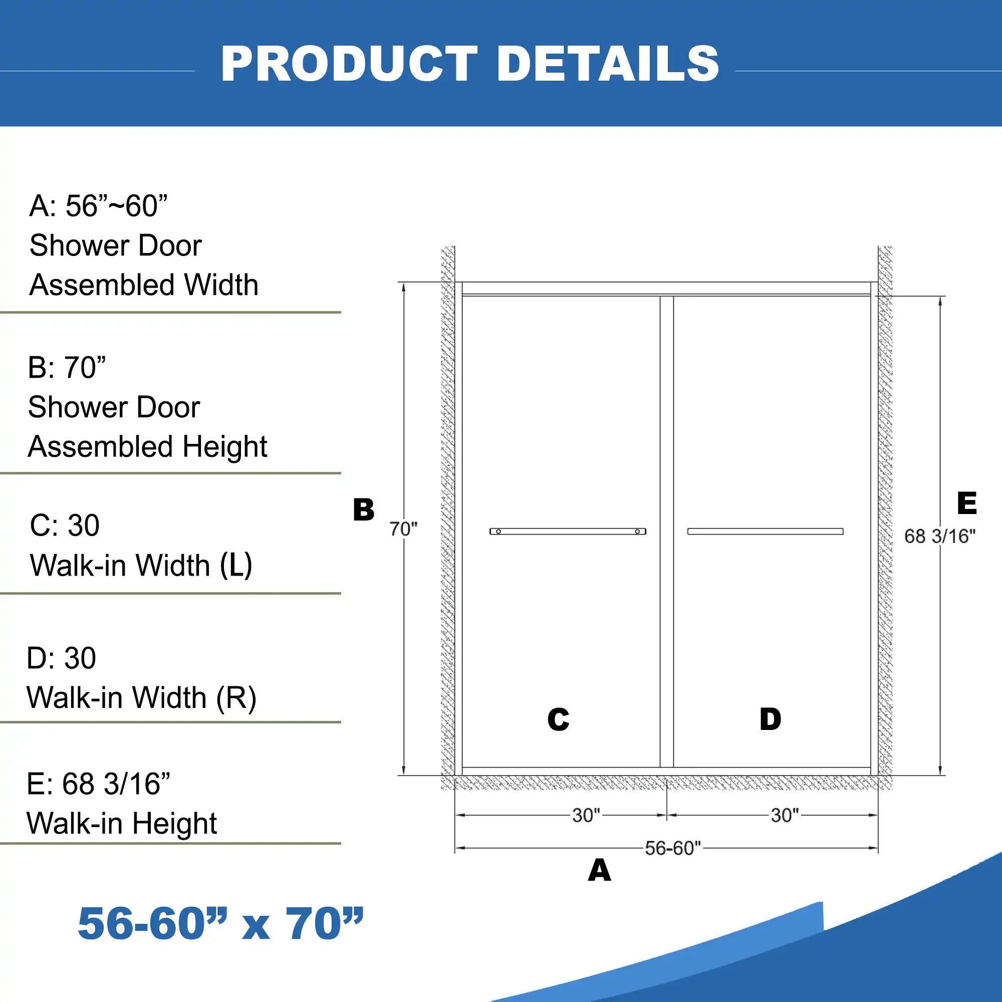 Overall Dimensions of the 60 x 70 matte black framed sliding shower door.