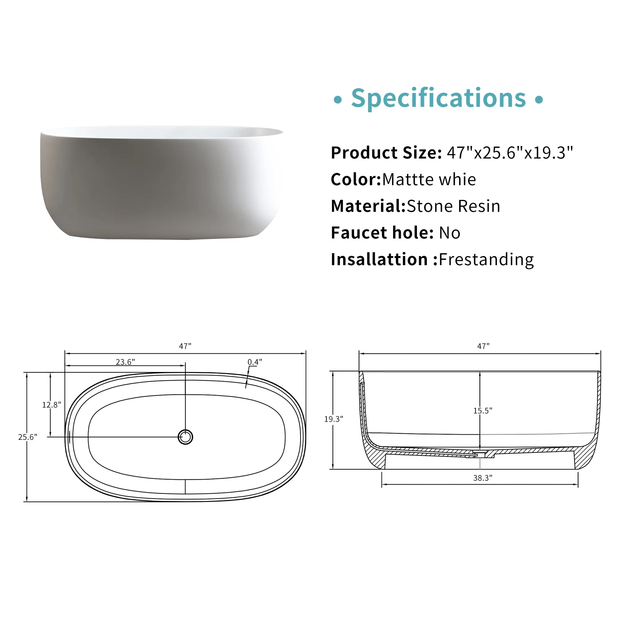 Lissome 47-inch freestanding bathtub dimensions and specifications: 47
