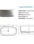 Lissome 47-inch freestanding bathtub dimensions and specifications: 47"x25.6"x19.3", matte white stone resin, no faucet holes, designed for small spaces.