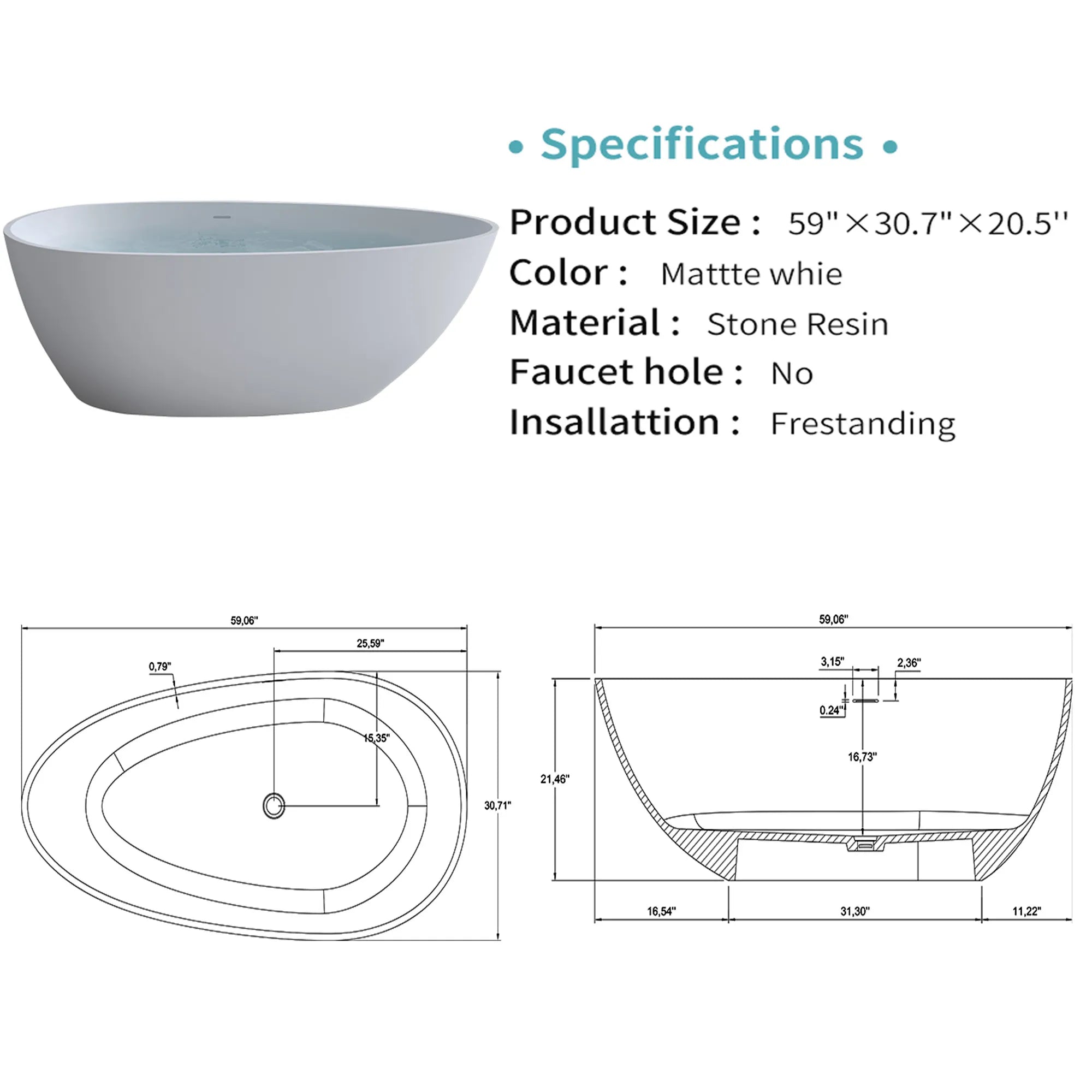 Diagram and specifications for the 59-inch Abyss Series egg-shaped stone resin freestanding tub, including detailed dimensions.