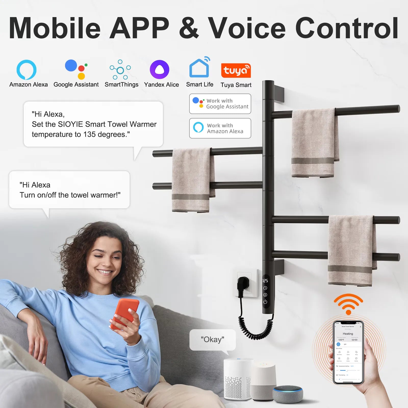 Smart heated towel rack with mobile app and voice control compatible with Alexa and Google Assistant.