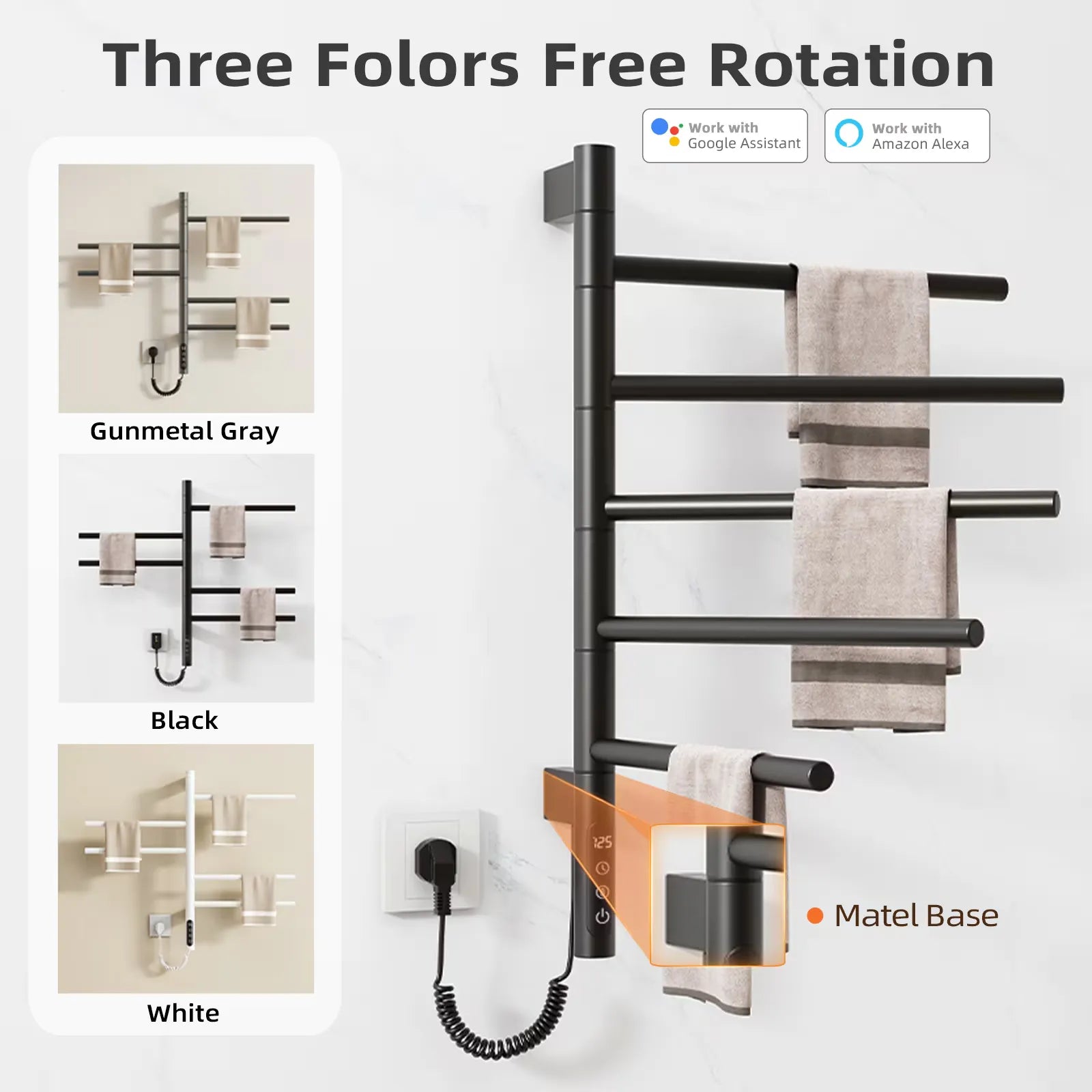 Black heated towel rack with 180° rotation and sturdy metal base, available in three colors.