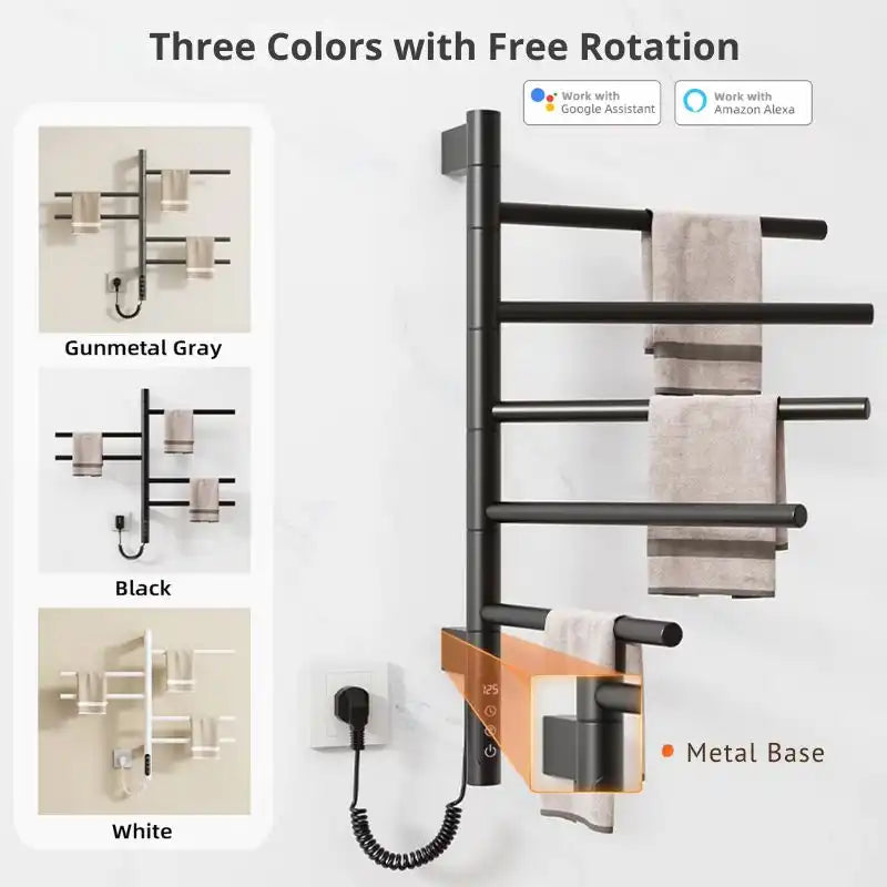 Black heated towel rack with 180° rotation and sturdy metal base, available in three colors | Ace Decor