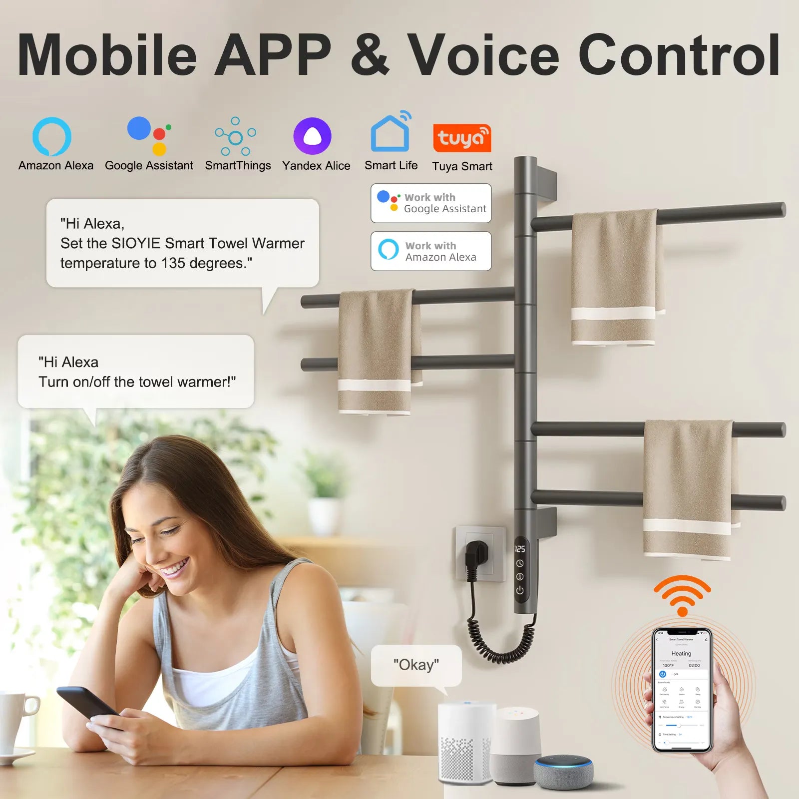 Smart towel heater rack with mobile app and voice control via Alexa and Google Assistant.