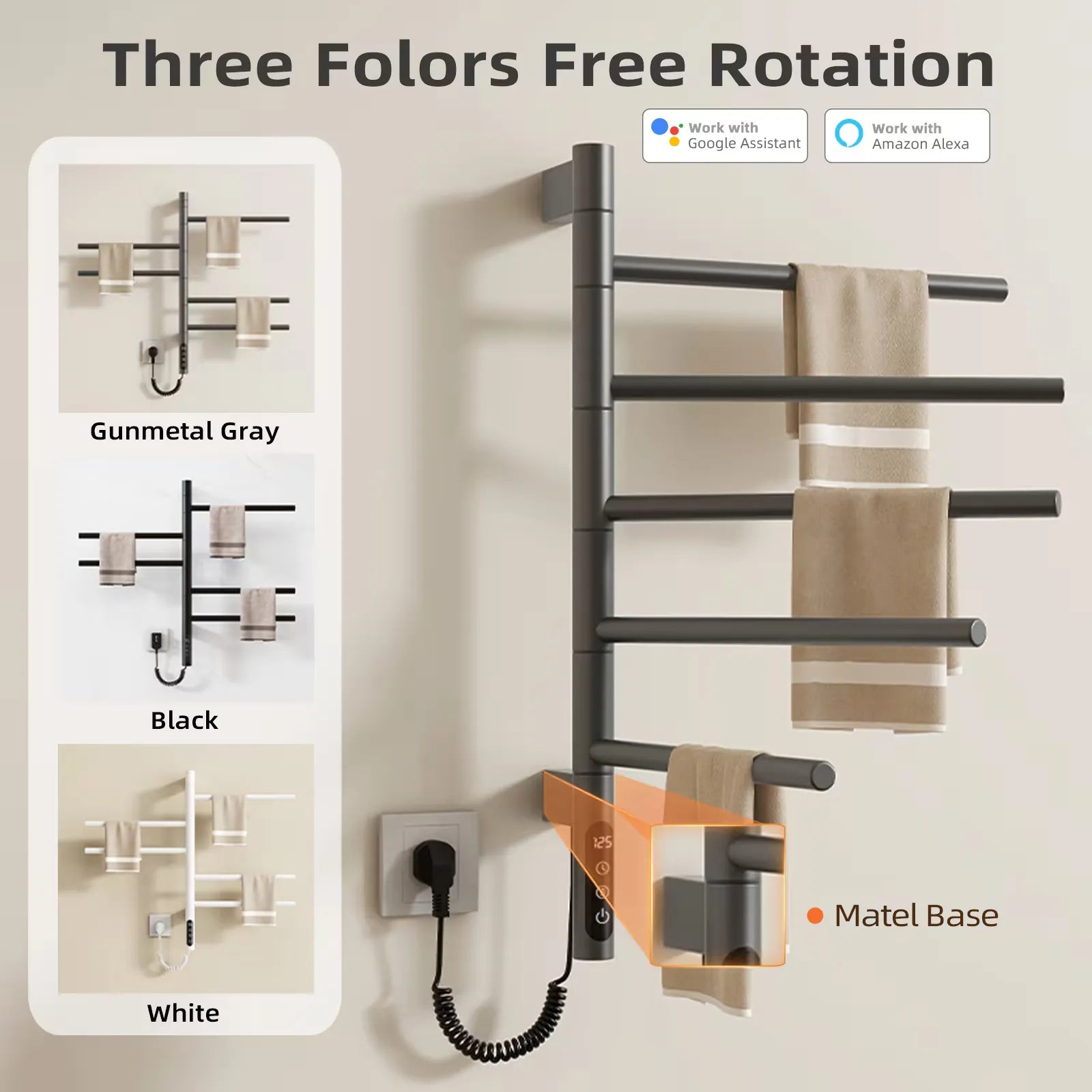 Gunmetal gray towel heater rack with 180° rotation and metal base, available in three colors.