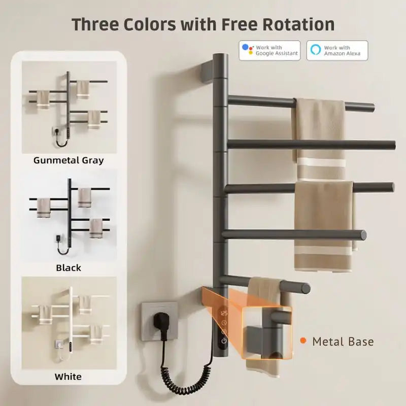 Gunmetal gray towel heater rack with 180° rotation and metal base, available in three colors | Ace Decor