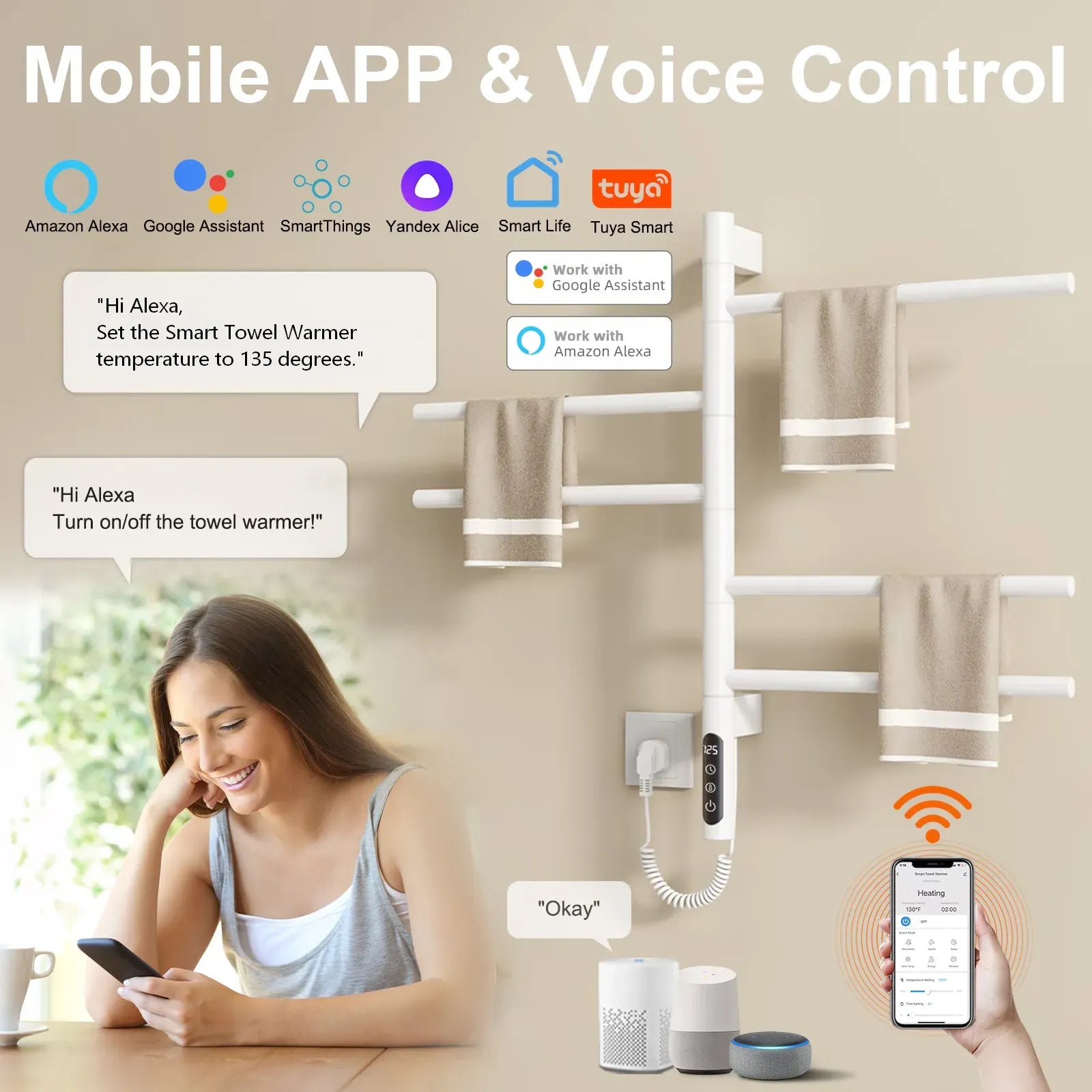 Smart towel rack heater with WiFi mobile app and voice control via Alexa and Google Assistant.