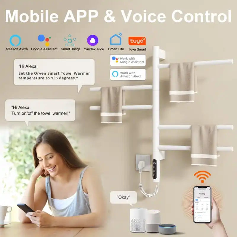 Smart towel rack heater with WiFi mobile app and voice control via Alexa and Google Assistant | Ace Decor