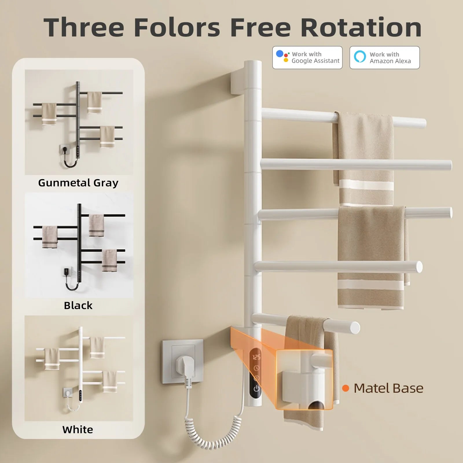 Three-color towel rack heater with 180-degree rotation design in white, black, and gunmetal gray.