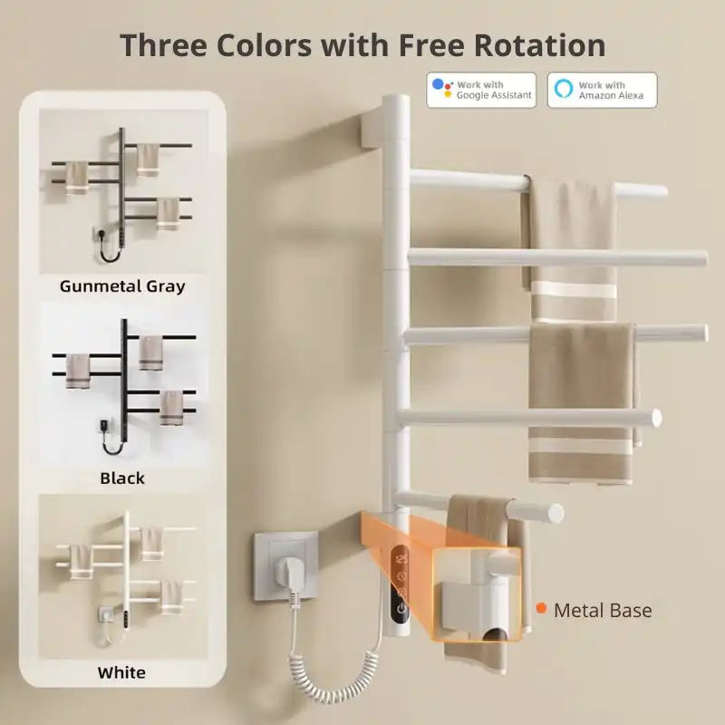 Three-color towel rack heater with 180-degree rotation design in white, black, and gunmetal gray | Ace Decor