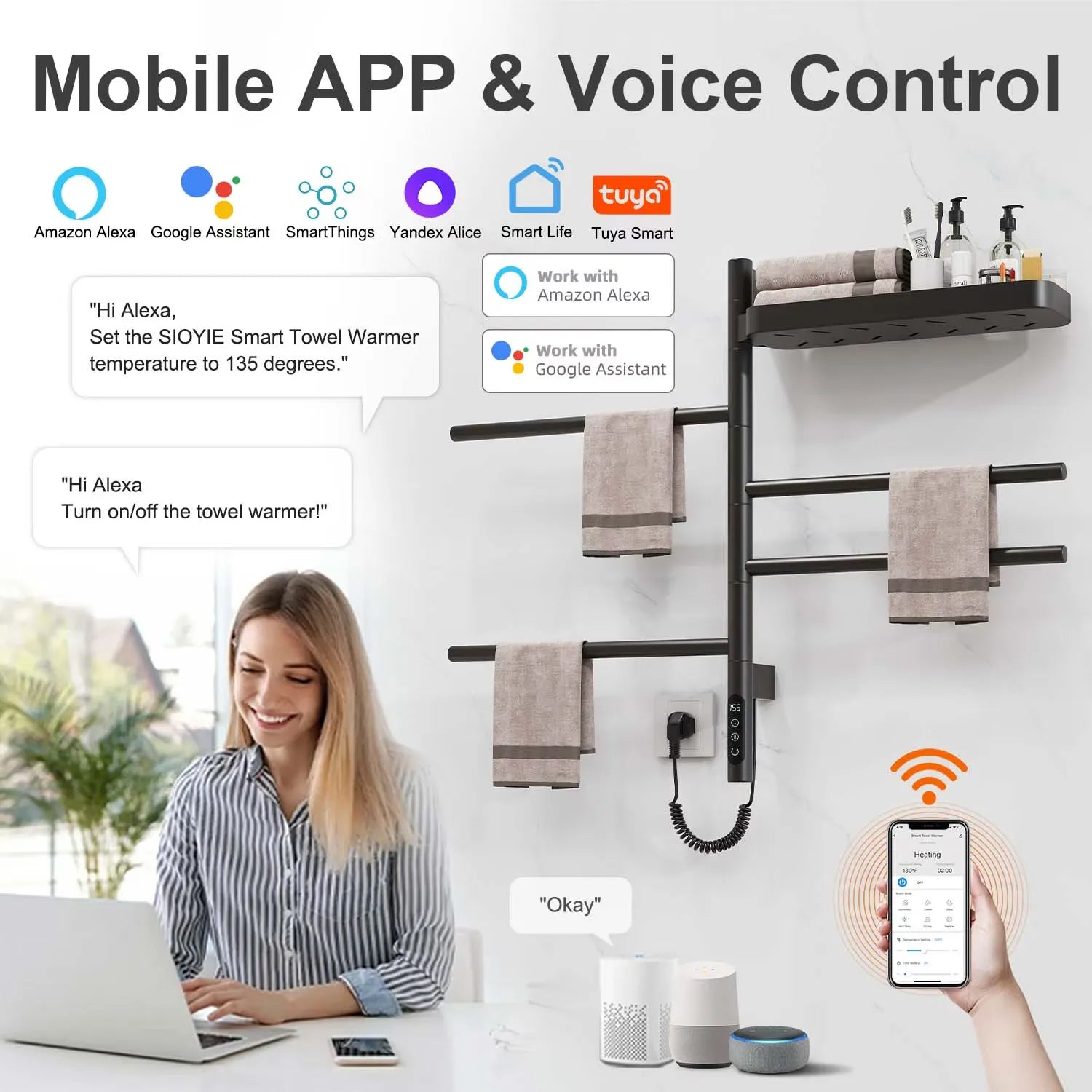 Wi-Fi and voice-controlled best heated towel rack 18 x 27 compatible with Alexa and Google Assistant.