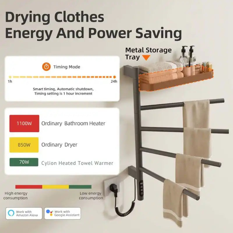 energy-saving gray heated towel rack with shelf 18 x 27 for bathroom drying and timing mode | Ace Decor
