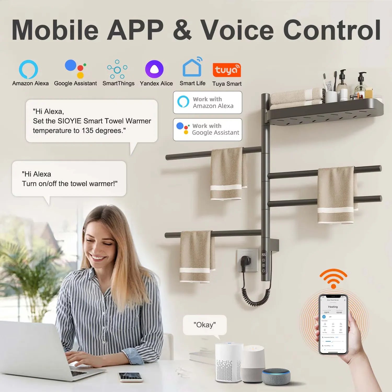 Smart gray heated towel rack with shelf 18 x 27 supporting Alexa and Google voice control.