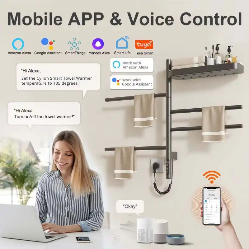 smart gray heated towel rack with shelf 18 x 27 supporting Alexa and Google voice control | Ace Decor