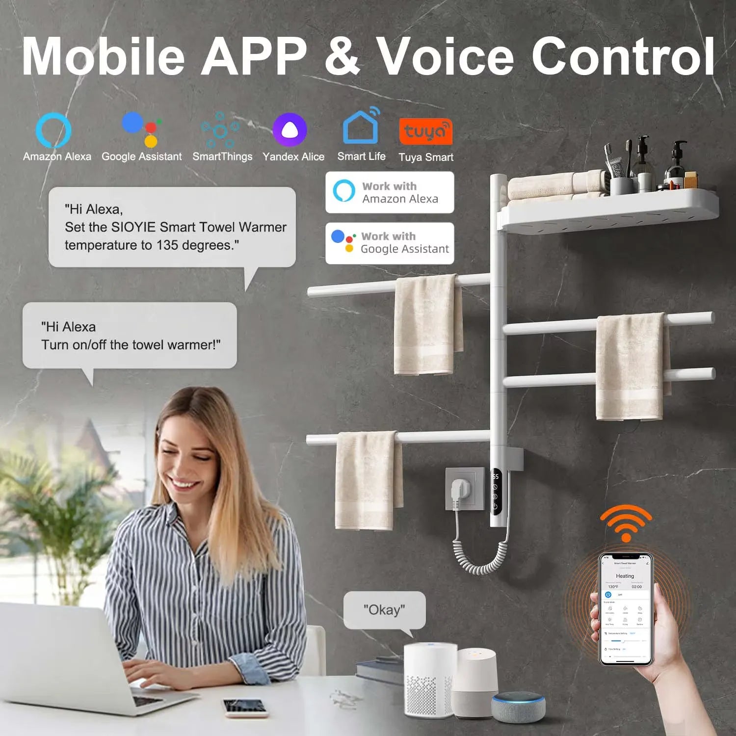 Modern wall mounted heated towel rack 18 x 27 compatible with Alexa and Google Assistant.