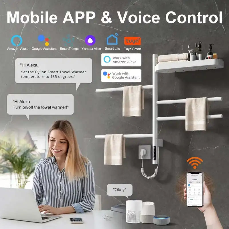 modern wall mounted heated towel rack 18 x 27 compatible with Alexa and Google Assistant | Ace Decor