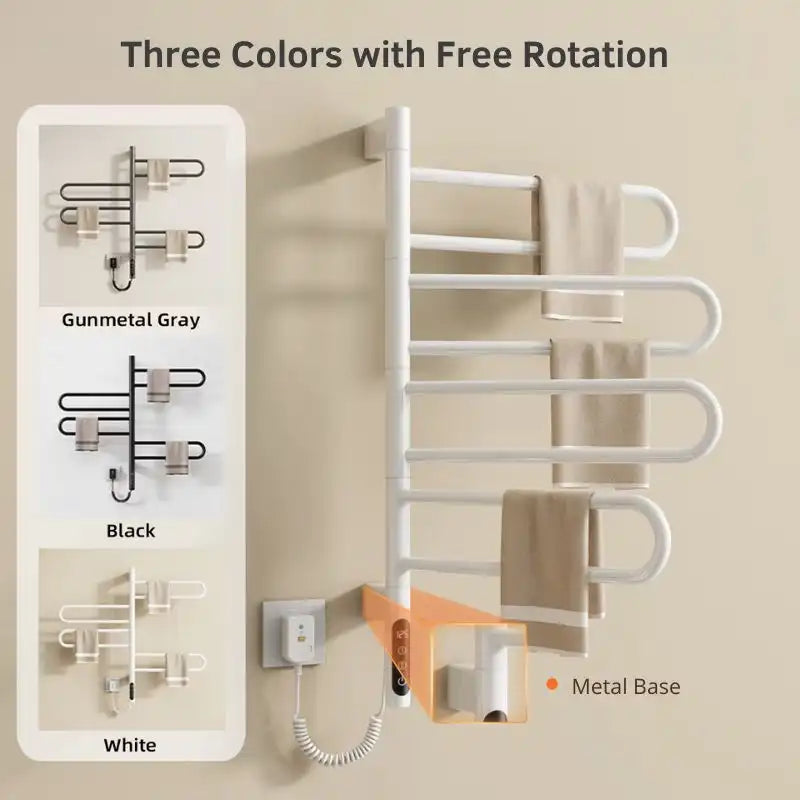 17 x 31 electric towel bar warmer in white, black, and gunmetal gray with 180° rotating design | Ace Decor