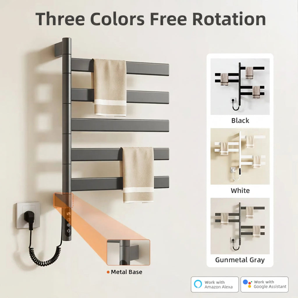 Velin Series electric towel warmer for bathroom available in black, white, and gunmetal gray finishes.
