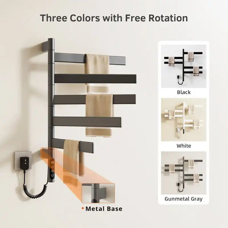 Velin Series electric towel warmer for bathroom available in black, white, and gunmetal gray finishes | Ace Decor