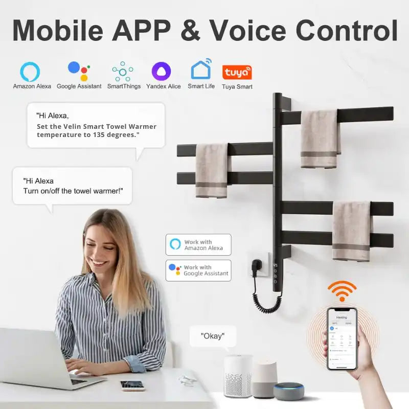 Smart app and voice control features of Velin black electric towel warmer for bathroom compatible with Alexa and Google Assistant | Ace Decor