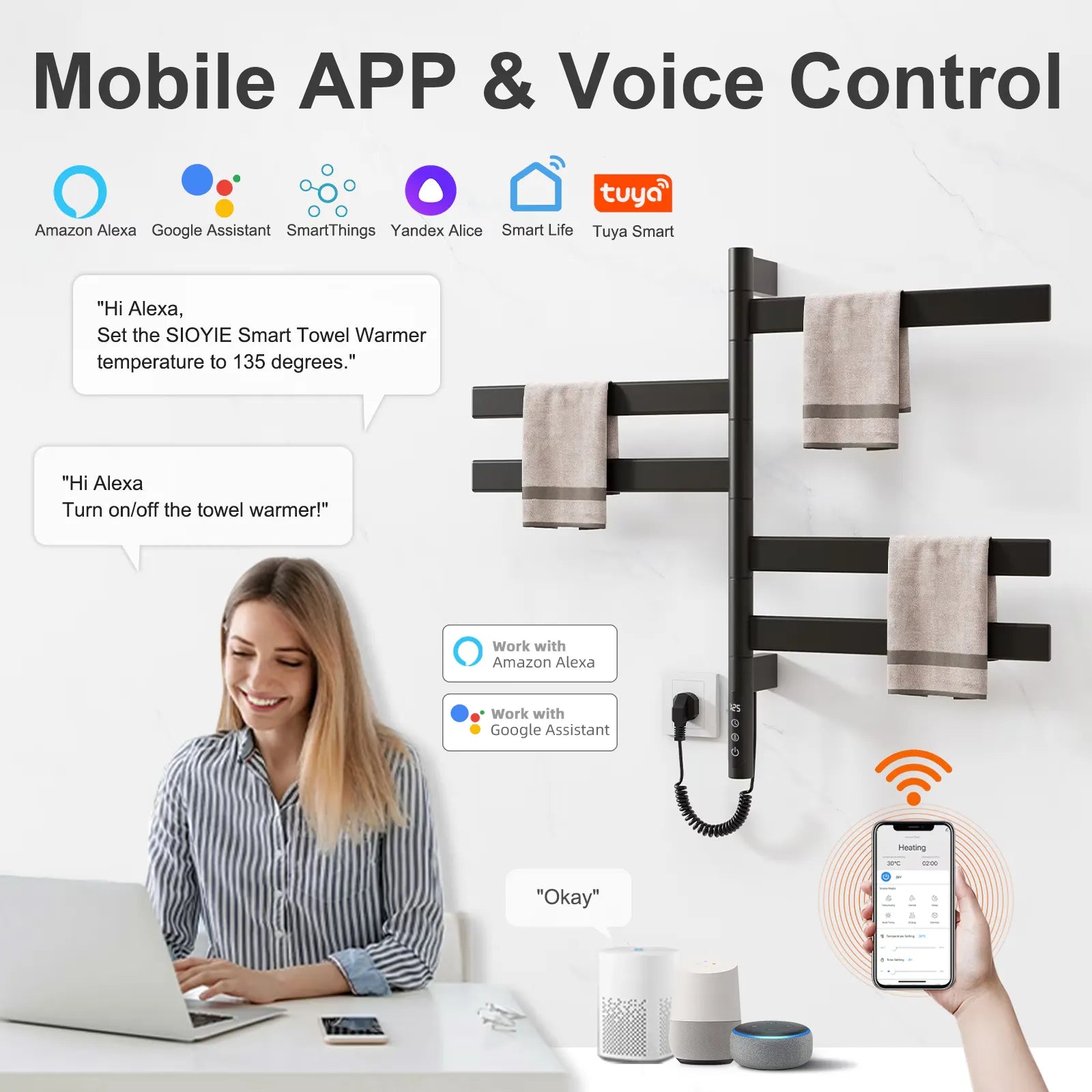 Smart app and voice control features of Velin black electric towel warmer for bathroom compatible with Alexa and Google Assistant.