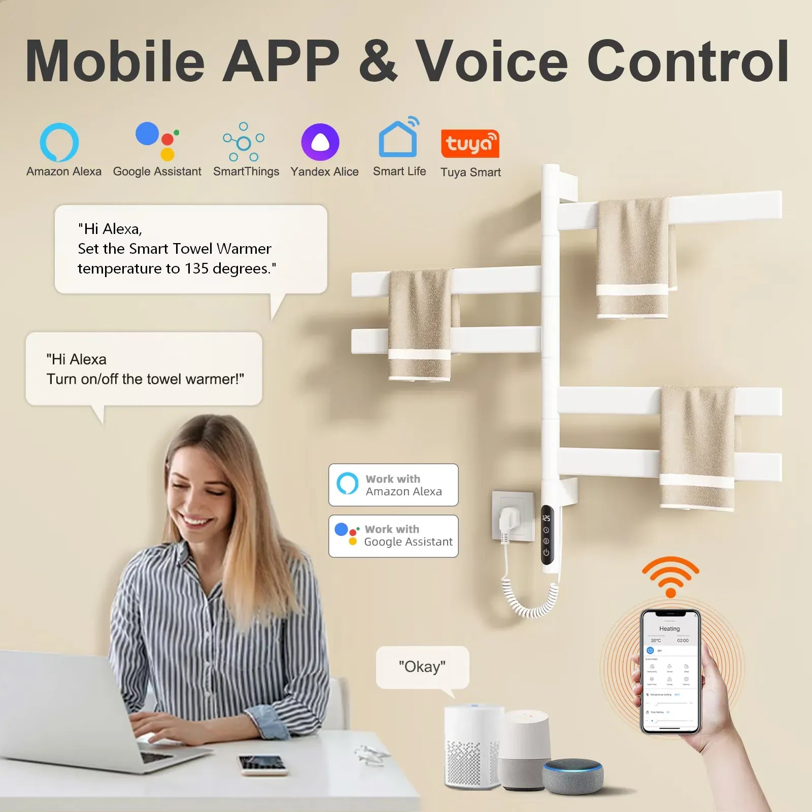 Velin Series 18" x 27" Smart Electric Towel Rack (Wi-Fi Version) with mobile app and voice control features.
