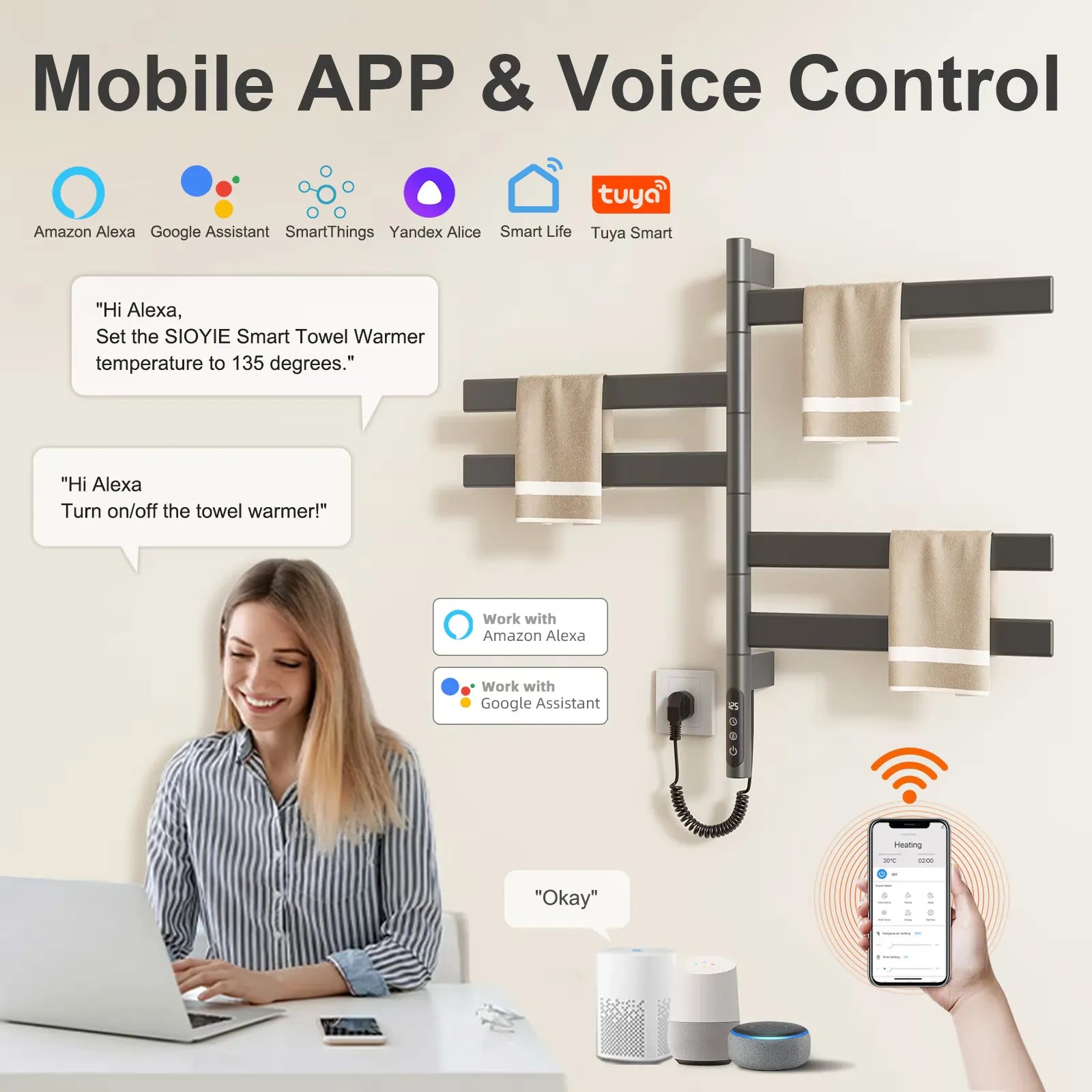Velin Series 18" x 27" Smart Electric Towel Rack WiFi version with mobile app and voice control.