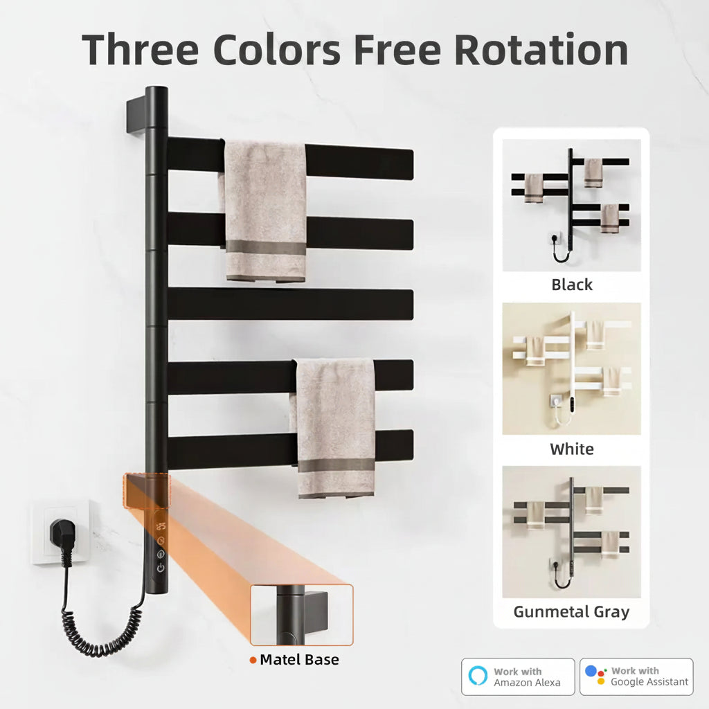 Velin Series heated towel rack available in black, white, and gunmetal gray finishes.