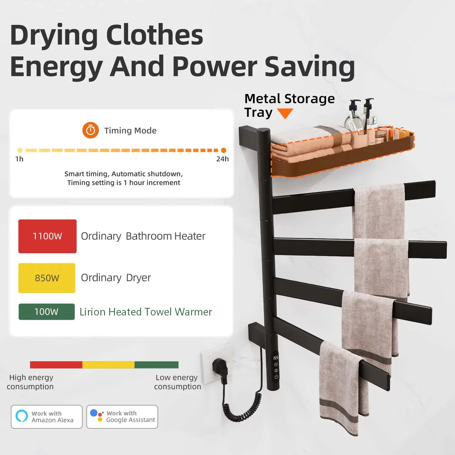 18 x 30 matte black heated towel rack with energy-saving timing mode and metal storage tray.