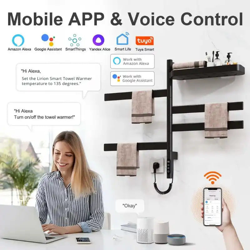 18 x 30 matte black smart heated towel rack with voice and app control compatibility | Ace Decor
