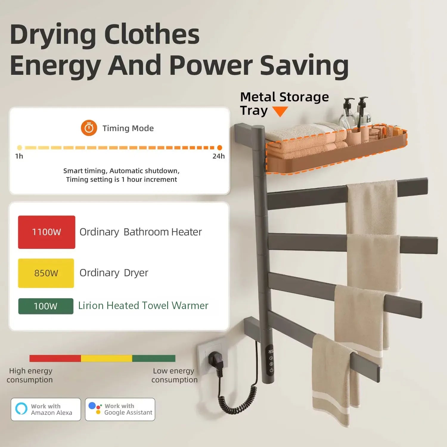 Gray heated towel rack 18 x 30 with metal storage tray and energy-saving drying mode.