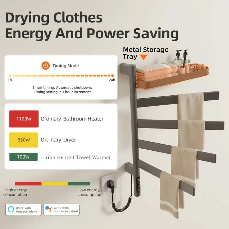 gray heated towel rack 18 x 30 with metal storage tray and energy-saving drying mode | Ace Decor