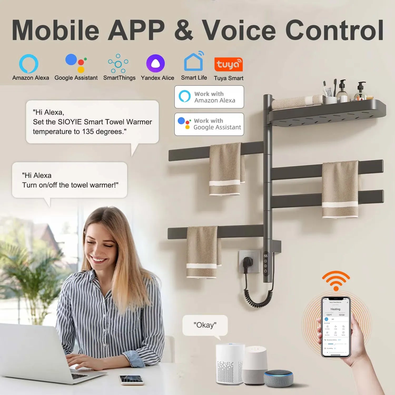 Gray smart heated towel rack 18 x 30 with mobile app and voice control via Alexa and Google Assistant.