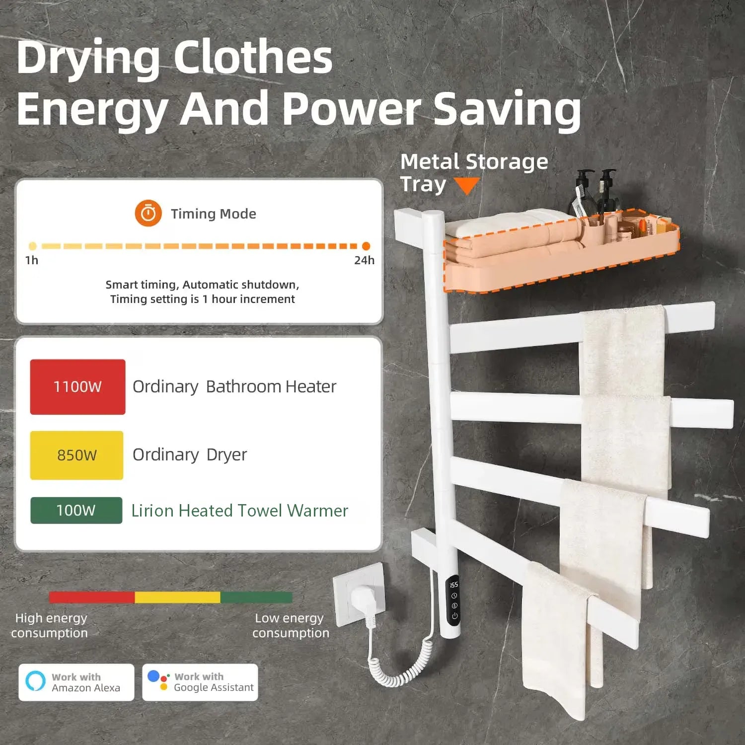 18 x 30 white heated towel rack with smart timer, low energy consumption, and metal storage tray.