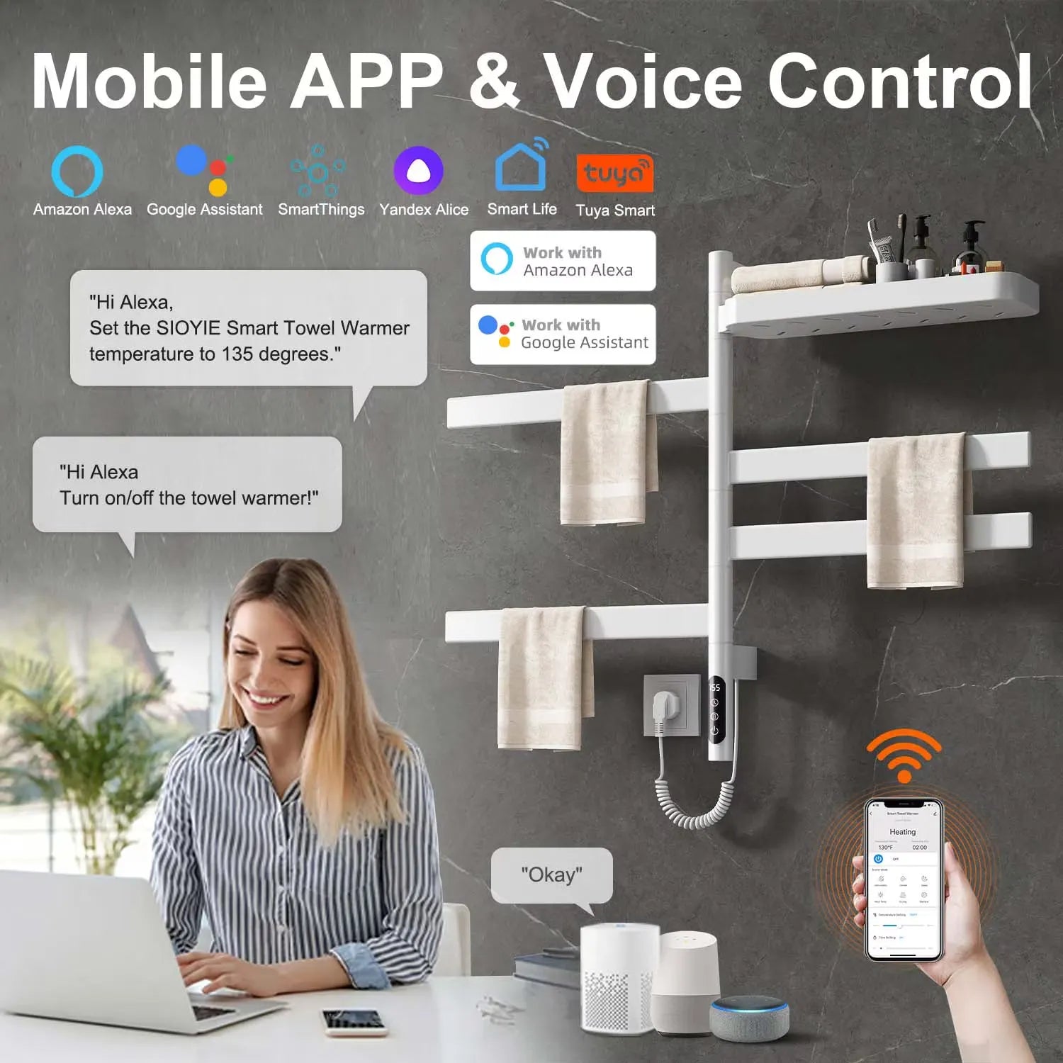 18 x 30 white smart heated towel rack with app and voice control via Alexa and Google Assistant.