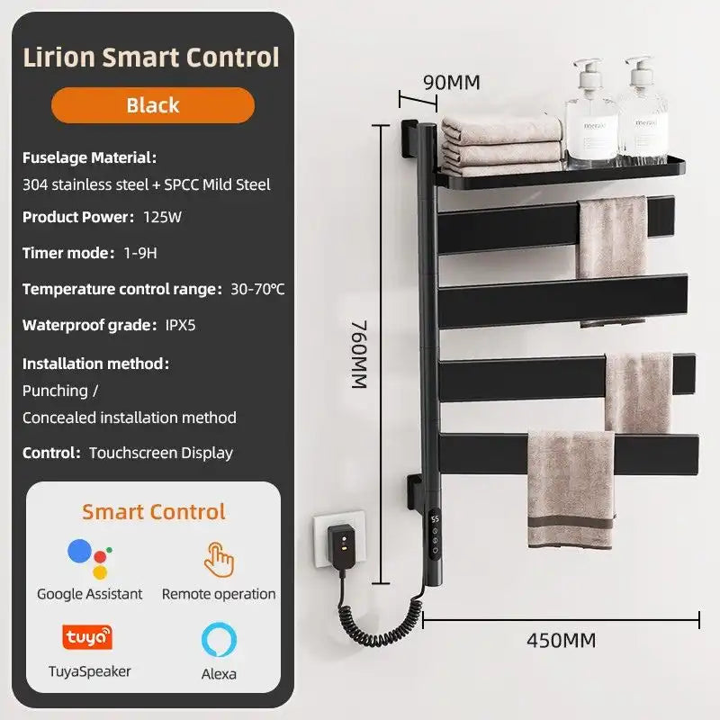 18 x 30 matte black smart control heated towel rack compatible with Alexa and Google Assistant | Ace Decor