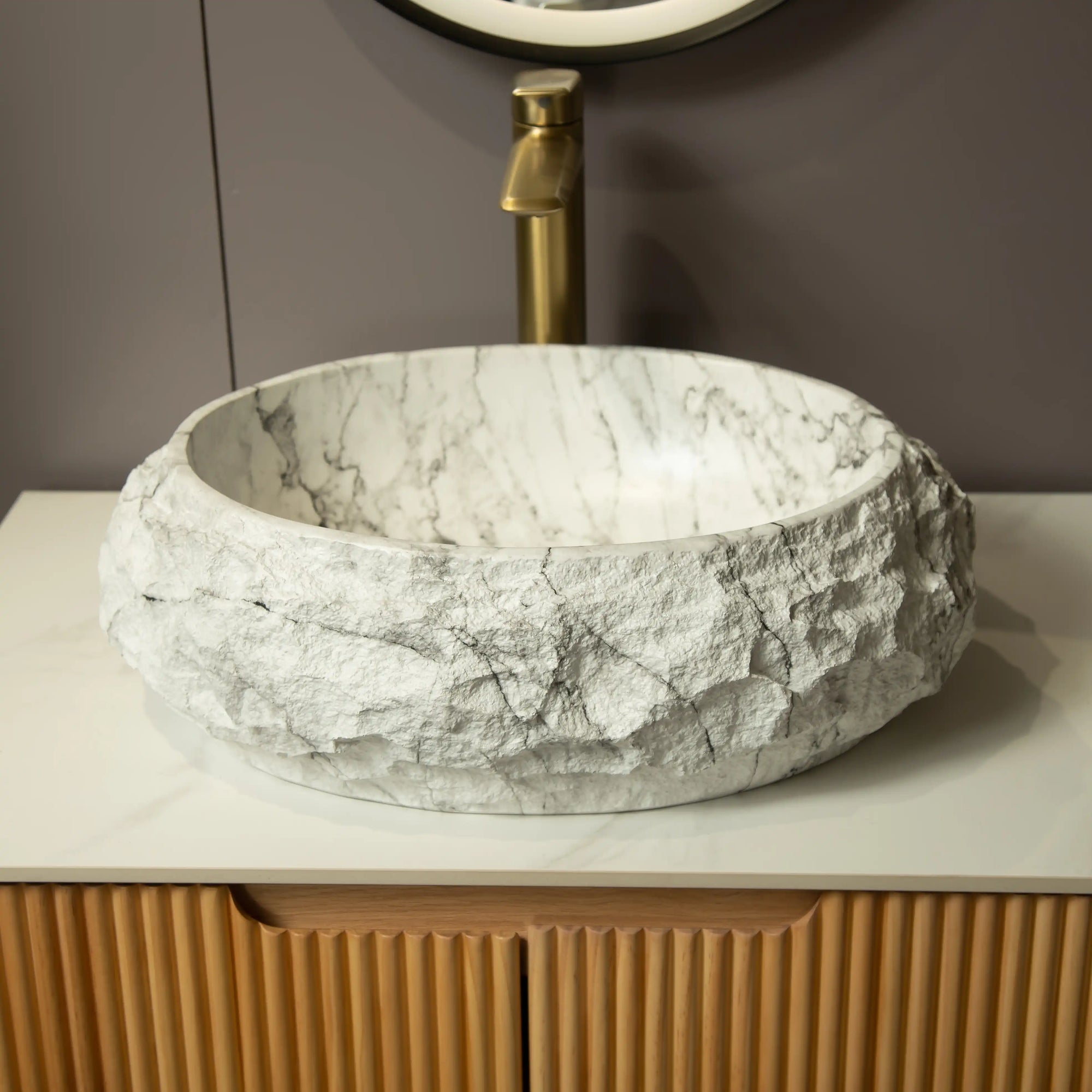Astra Series 18&quot; Oval Sculpted Resin Stone Vessel Basin - Marble White