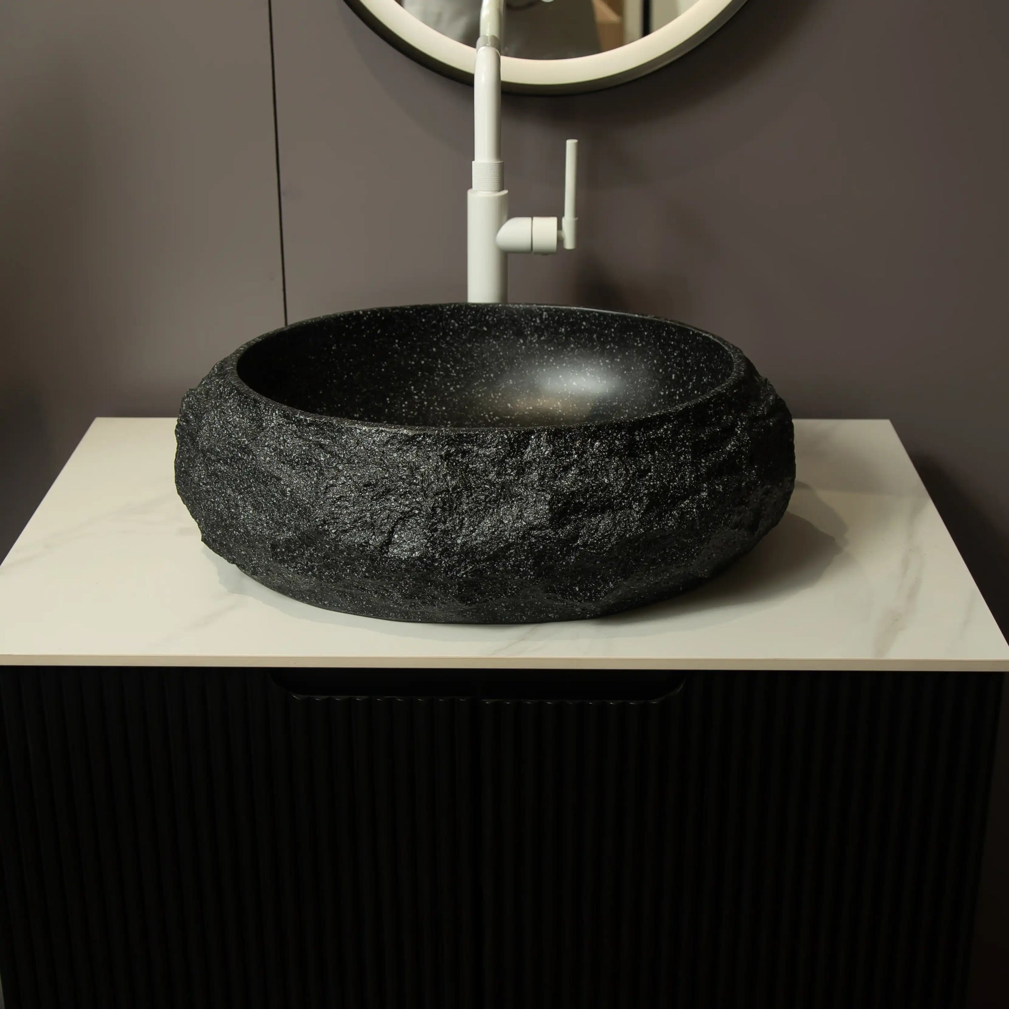 Astra Series 18&quot; Oval Sculpted Resin Stone Vessel Basin - Onyx Black